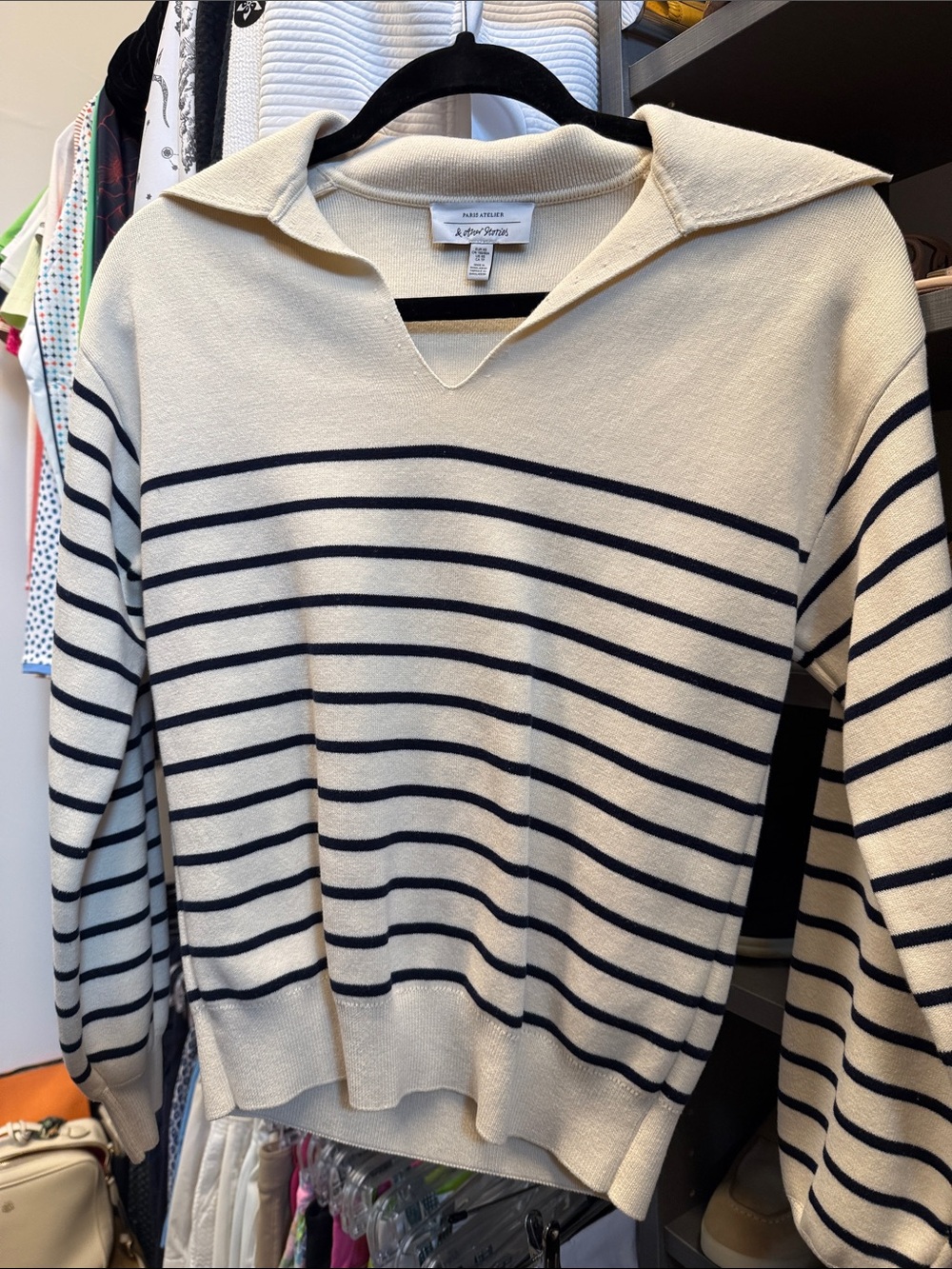 & Other Stories Cream and Navy Striped Open-Collar V-Neck Sweater